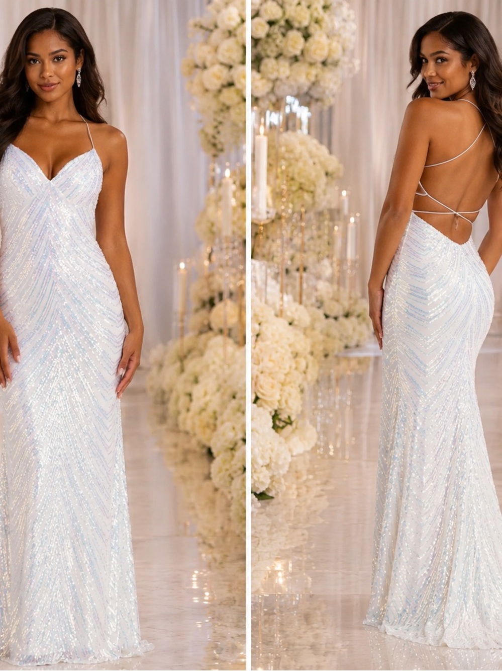 Windsor White Iridescent Sequin Mermaid Prom Gown Formal Dress Size Small